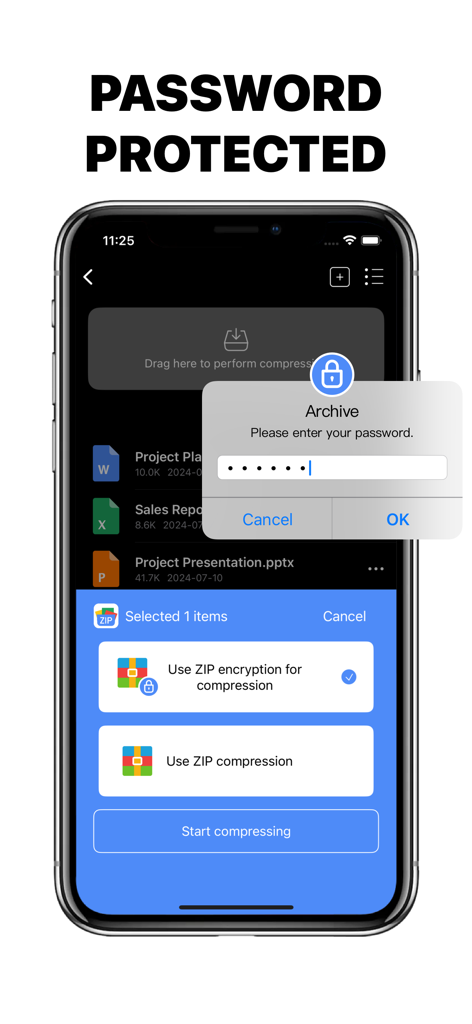 RAR Zip: Unzip File Manager - Aviso de archivo protegido con contraseña y configuración de cifrado zip en la aplicación del gestor de archivos.