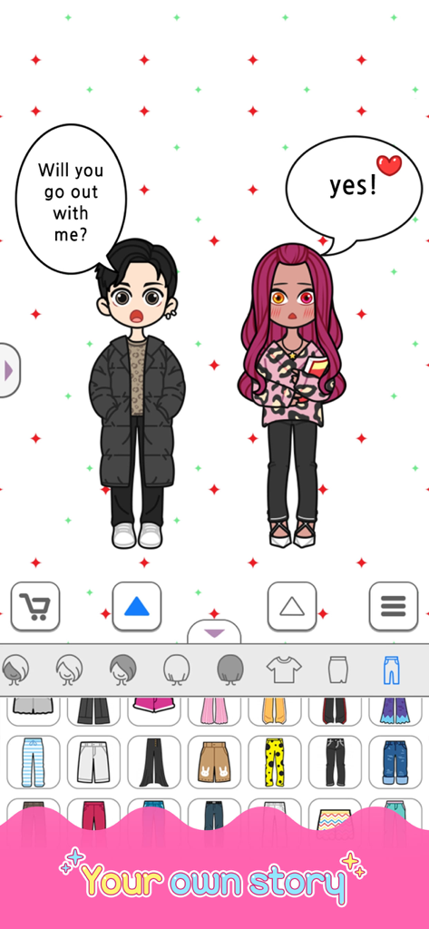 Lily Story - Lily Storyアプリのインターフェースで、吹き出しと服のカスタマイズオプションを持つ2人のちびキャラクター。