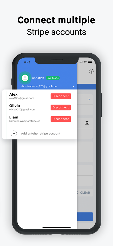 Interface of FacilePay app showing the option to connect and manage multiple Stripe accounts on a mobile device