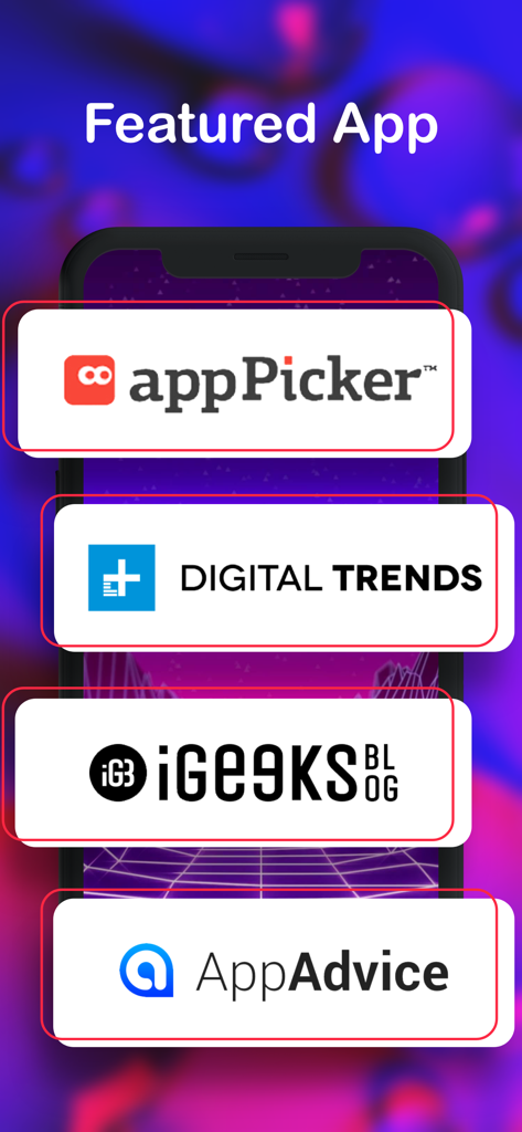 Logos of appPicker Digital Trends iGeeksBlog and AppAdvice showing the app as featured