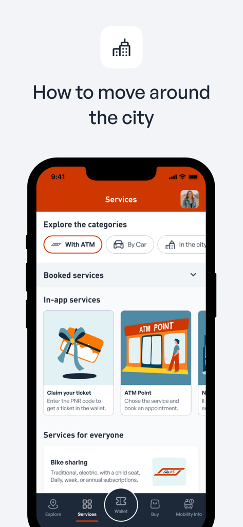 ATM Milano Official App - Pantalla de servicios de la app ATM Milano que muestra categorías de viaje y bicicletas compartidas