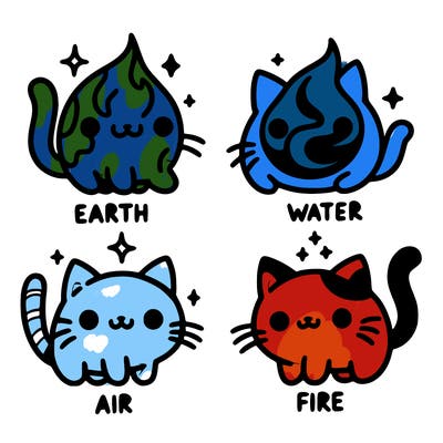 4 cats that represent the different elements, earth, water, air, and fire
