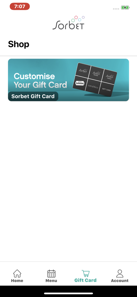 Der Shop-Bildschirm der Sorbet Group App mit einem Banner für personalisierbare Geschenkkarten.