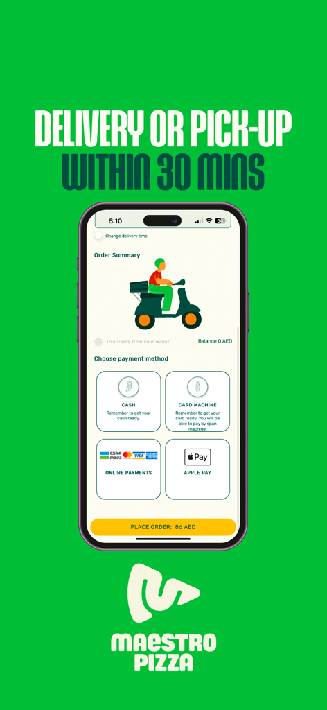 Maestro Pizza UAE - Maestro Pizza UAE mobile app checkout screen showing various payment methods and delivery illustration
