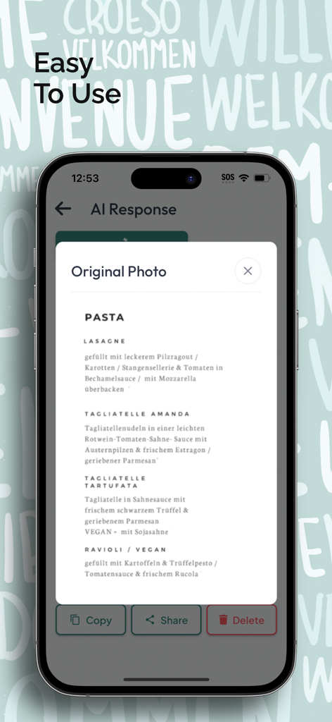 AI Photo Translator: Image App - AI Photo Translator app interface displaying a photo of a restaurant menu for easy translation