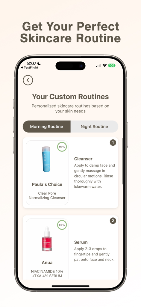 Personalisierte Morgen-Hautpflegeroutine-Empfehlungen in der Skan KI-App