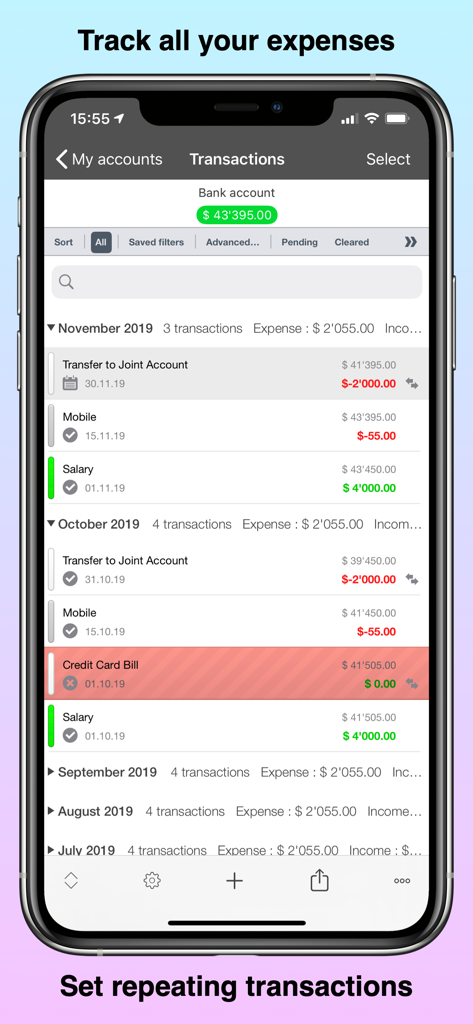 Detailed transaction history and expense tracking in the PocketMoney finance app
