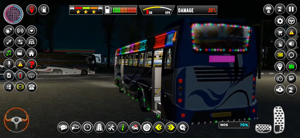 Public Transport Bus Games 3D - Un autobús 3D con coloridas luces de neón por la noche en una interfaz de juego de simulación de autobús