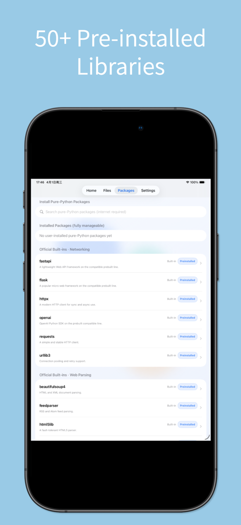 Python Code App - IDE & Editor - Pantalla de iPhone que muestra una lista de más de 50 bibliotecas Python preinstaladas, incluidas OpenAI y Flask, en Python Code App