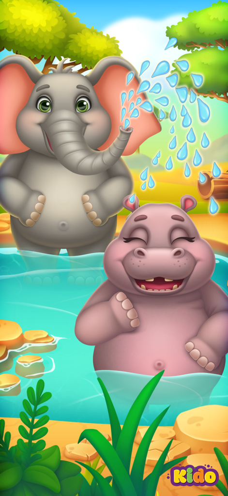 Safari Animals Games For Kids - Un elefante de dibujos animados rociando agua de su trompa sobre un hipopótamo feliz en un estanque