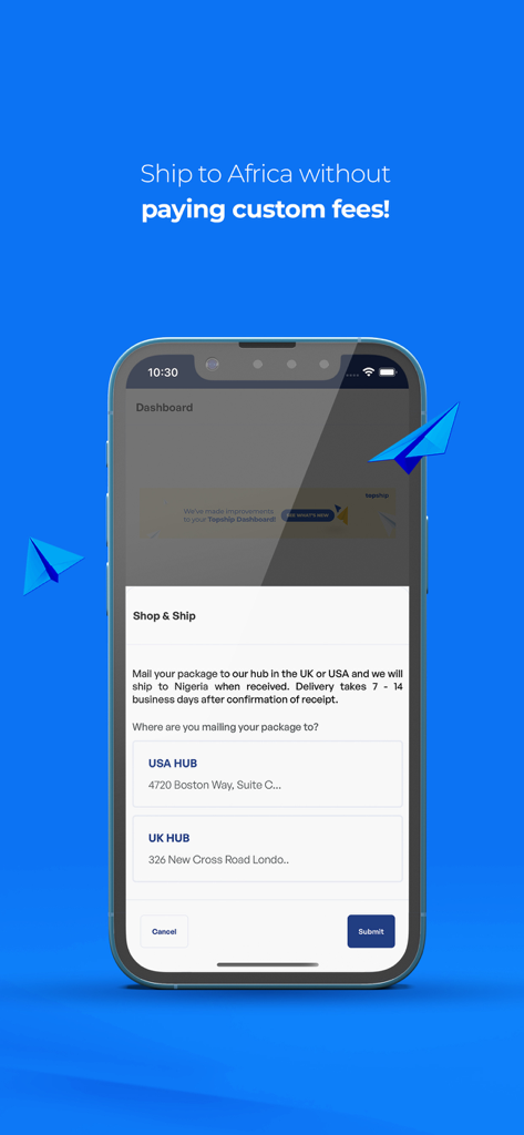 Topship - Screenshot dell'app Topship che mostra le opzioni di spedizione internazionale dai centri USA e UK verso l'Africa senza costi doganali