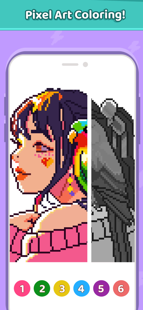 Pixel Breeze - Color By Number - A pixel art coloring screen from Pixel Breeze showing a half-colored anime girl with a bird.