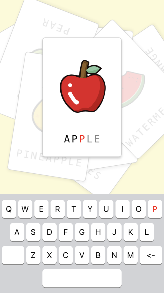 Baby Keyboard - Application Baby Keyboard affichant une carte mémoire "pomme" avec un indice d'orthographe sur un clavier pour enfants