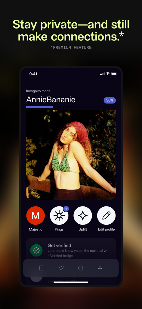 Feeld: Open-Minded Dating App - Interfaccia del profilo utente dell'app di incontri Feeld che mostra la modalità incognito e le funzionalità di privacy.