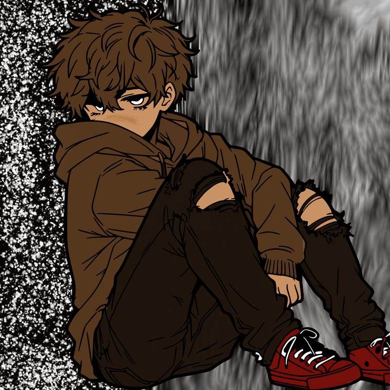 a male hoddie ripped jeans messy hair anime