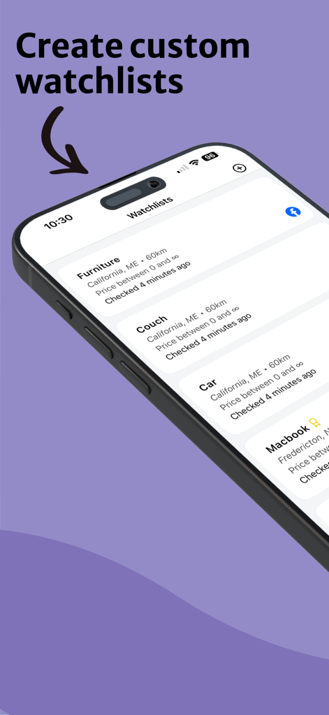 Écran de l'application Flipify montrant des listes de surveillance personnalisées pour suivre les meubles, voitures et l'électronique sur les marchés.
