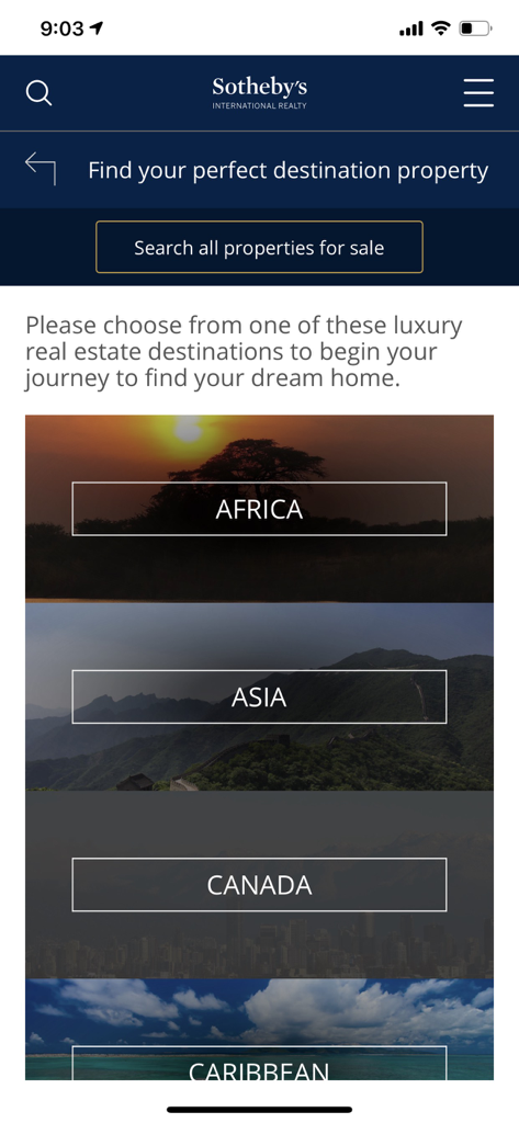 Sotheby's International Realty - Luxury real estate app interface showing search options for global destinations like Africa, Asia, and Canada.