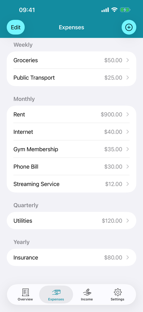 A list of recurring expenses categorized by frequency in the Financial Overview app.