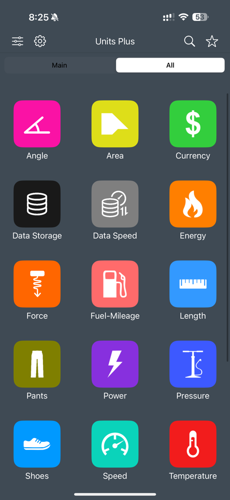 Interface of Units Plus converter app displaying a grid of unit category icons including currency and temperature