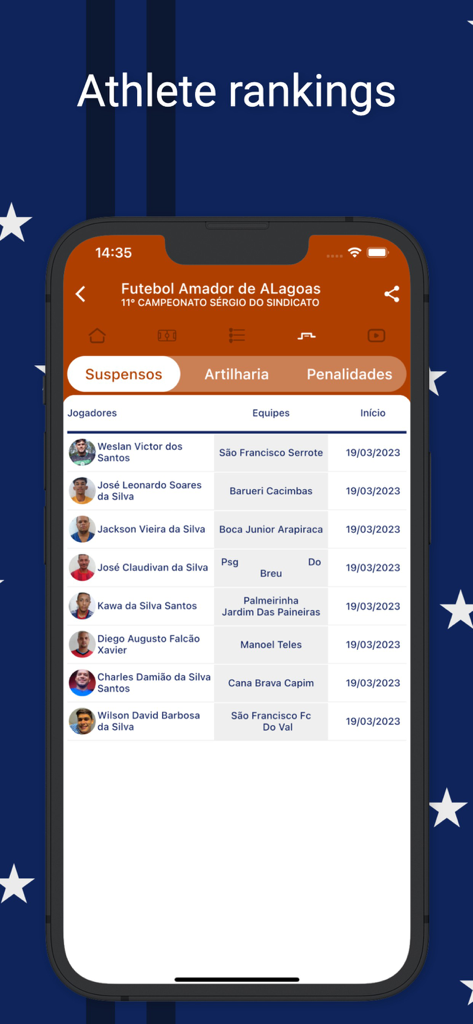 Écran de l'application Easy Tournament montrant les classements des athlètes et les profils des joueurs.