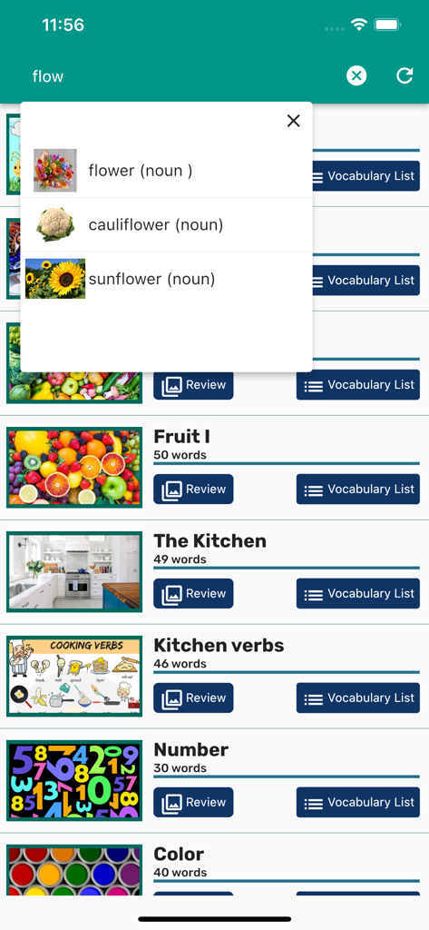 English Vocabulary in Use - Search interface of an English vocabulary app showing word results with images and various learning categories like kitchen and fruit