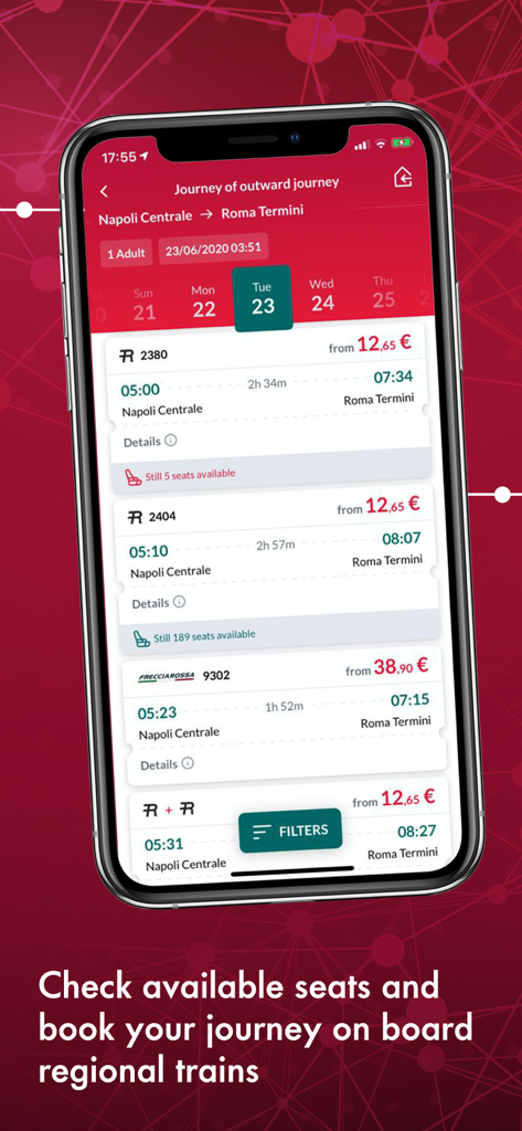 Trenitalia - Trenitalia mobile app interface displaying train journey options from Naples to Rome with prices and seat availability