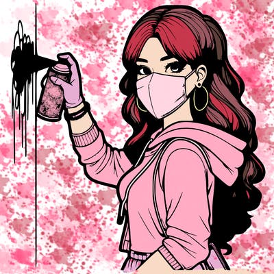 realistic girl with mask spray painting a wall