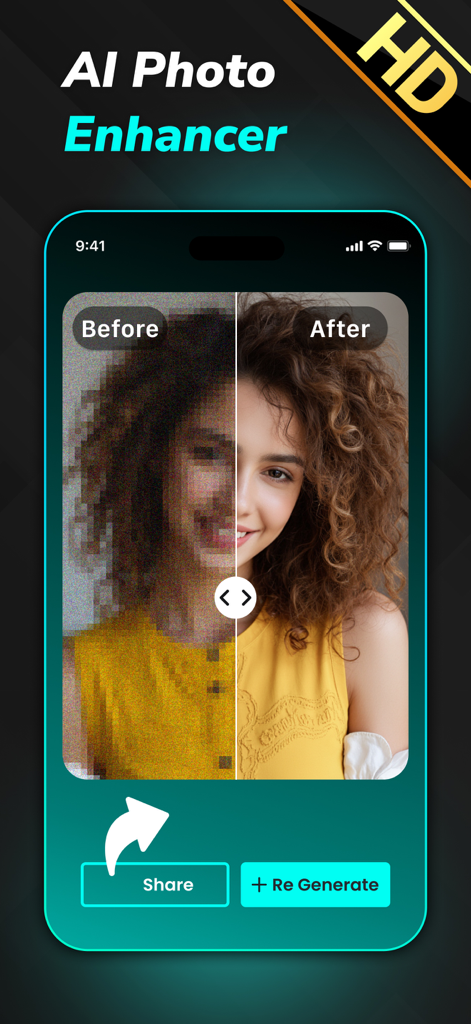 Face Swap - AI Photo Editor - AI写真強化機能が、ぼやけたピクセル化されたポートレートを鮮明なHD画像に変換する前後比較