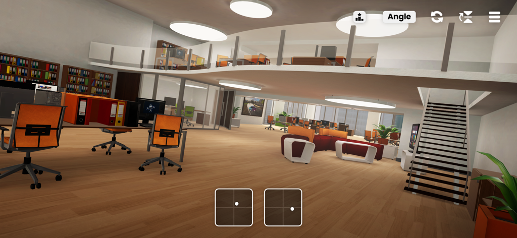 Gameplay view of FeelFPV TinyWhoop drone simulator in a modern indoor office environment.