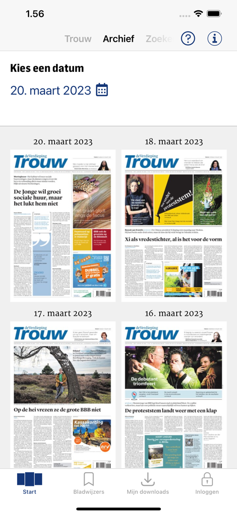 Archive section of the Trouw news app displaying various past newspaper front pages