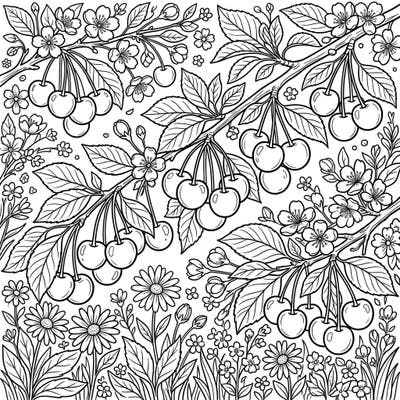Welcome the beauty of spring with this intricate coloring page featuring abundant cherry branches. Delight in bringing to life sweet cherries and delicate blossoms nestled among wildflowers.