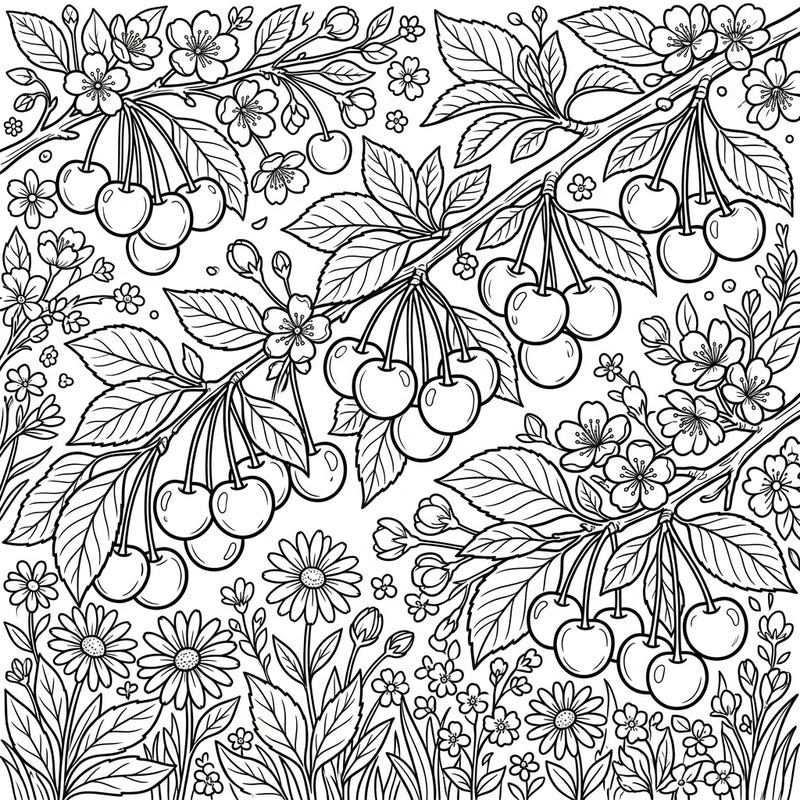 Welcome the beauty of spring with this intricate coloring page featuring abundant cherry branches. Delight in bringing to life sweet cherries and delicate blossoms nestled among wildflowers.