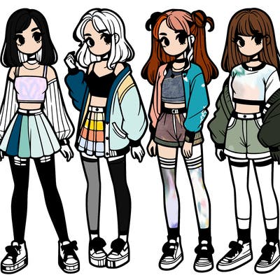 one girl with crop-top shirt and a jacket with a skirt, long socks and another girl with a shirt and pants with a jacket