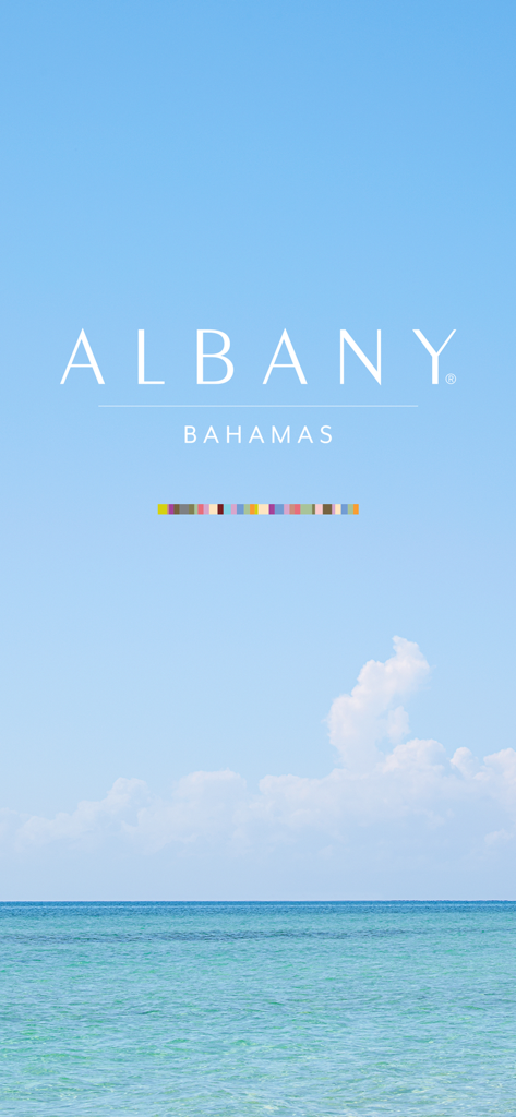 Albany Bahamas - La pantalla de presentación de la aplicación móvil del resort de lujo Albany Bahamas, que muestra el logotipo de la empresa sobre un hermoso paisaje tropical del océano.