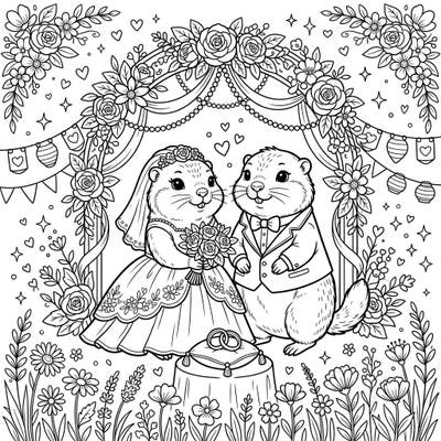 Fall in love with this enchanting gopher wedding coloring page, featuring a charming bride and groom under a beautiful floral arch. It's the perfect way to celebrate love and creativity, bringing a smile to colorists of all ages.