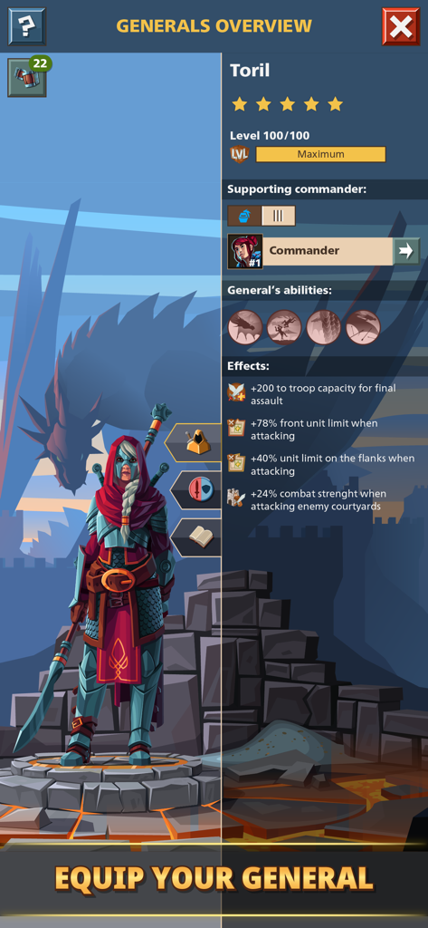 A menu screen titled Generals Overview showing level 100 character Toril with various combat abilities and effects in the game Empire Four Kingdoms