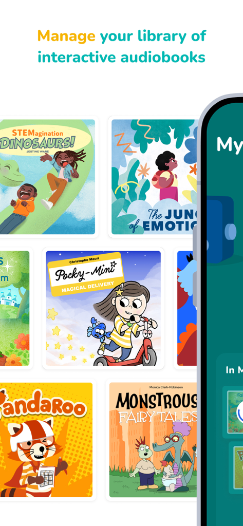 Lunii - Luniiアプリのインターフェース、子供向けのインタラクティブ・オーディオブックのカラフルなコレクションを表示