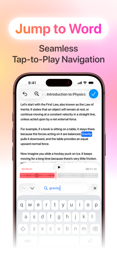 AI Lecture Note Taker - AI Lecture Note Taker app interface showing the jump to word and tap to play audio navigation feature