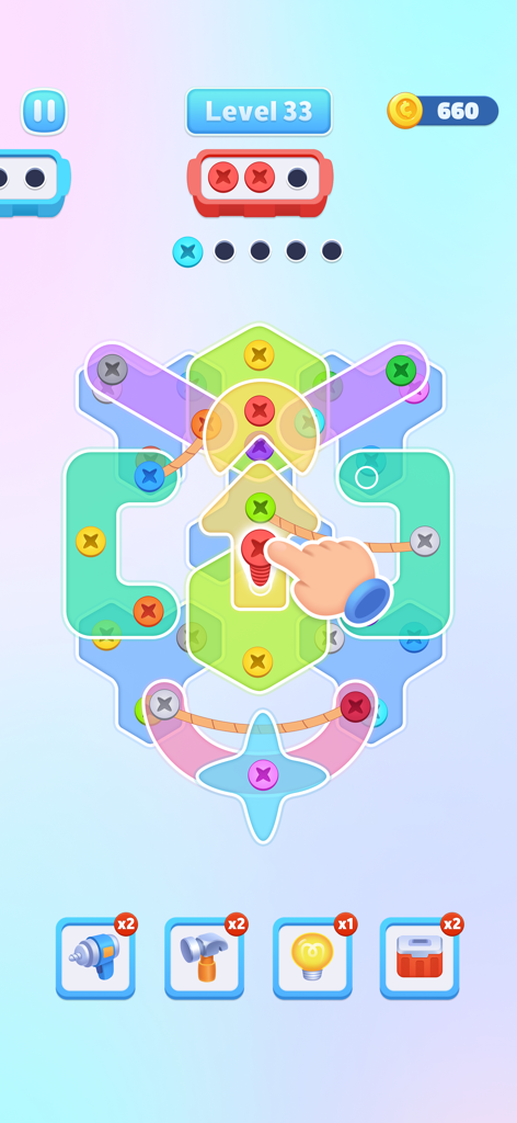 Nuts Out - Screw Jam Puzzle - A hand selecting a red screw in the Nuts Out sorting puzzle game
