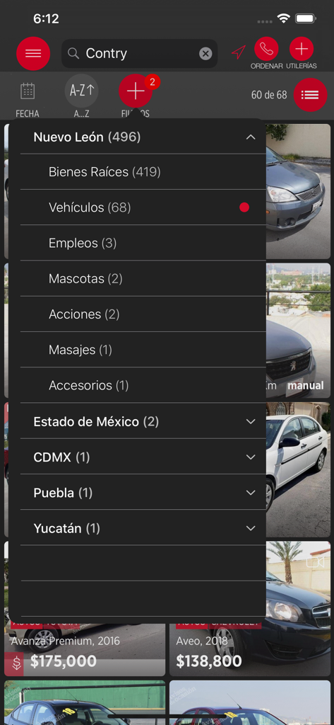 Avisos de Ocasion mobile app search filter showing categories like real estate and vehicles for Nuevo Leon Mexico
