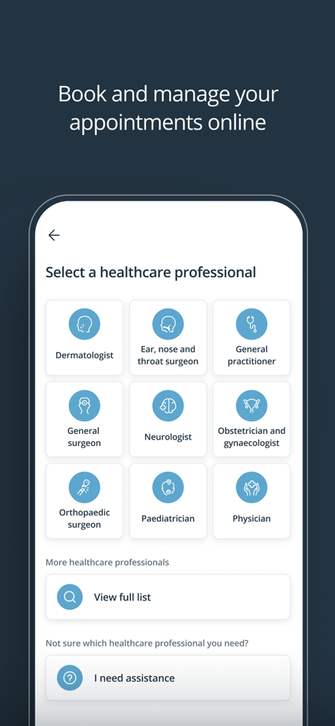 Netcare - Netcare app interface showing a list of medical specialists like dermatologists and pediatricians for appointment booking.