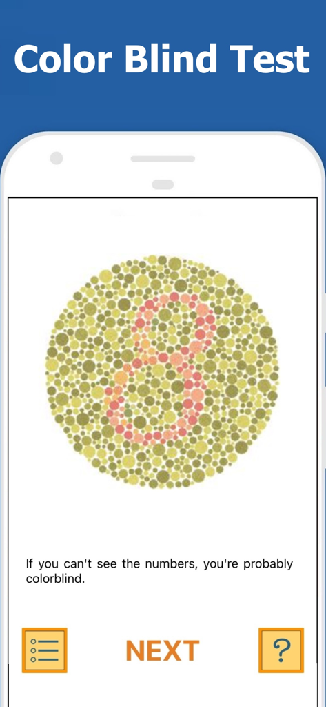 Eye Test: Vision & Color Blind - Mobile app screen showing a color blind test with an Ishihara plate displaying the number eight.
