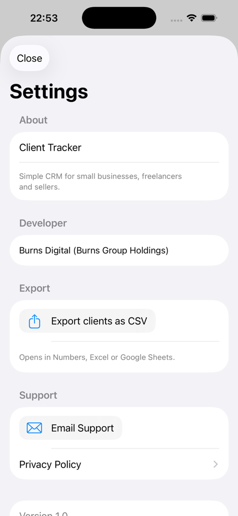 Client Journal - The settings interface of the Client Journal app showing the CSV export option and support contact details