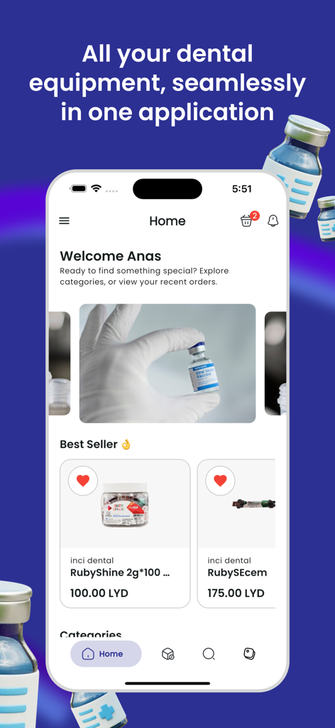 Sadeem Store Mobile App Startbildschirm mit Dentalbedarf und meistverkauften Produkten