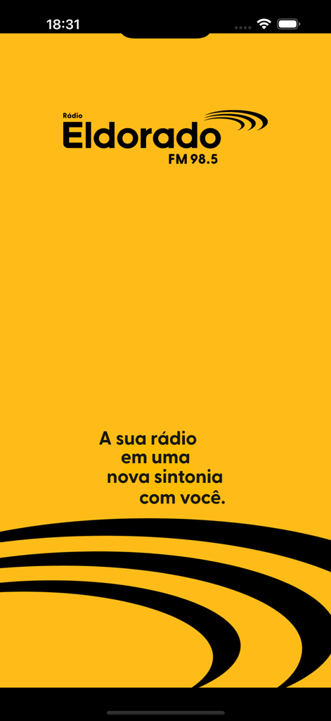 Eldorado - Tela de abertura do aplicativo Rádio Eldorado com fundo amarelo e logotipo