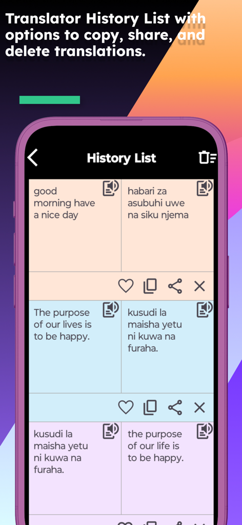 English Swahili Translator - A screenshot showing the translation history list in the English Swahili Translator app.