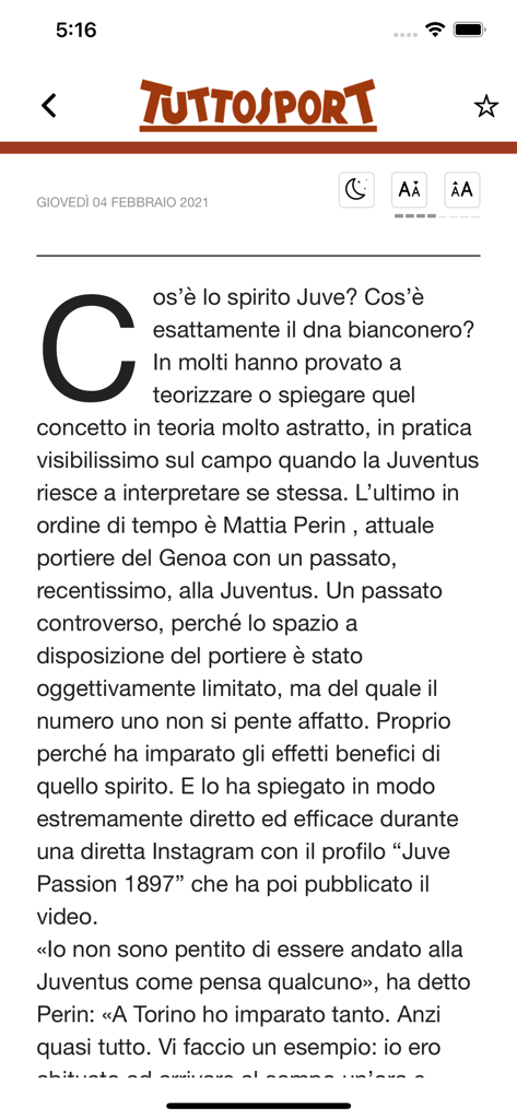 Visualizzazione di un articolo digitale nell'app Tuttosport HD con una storia sul DNA della Juventus