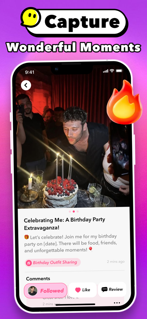 Gala app interface showing a user celebrating a birthday with a cake and candles