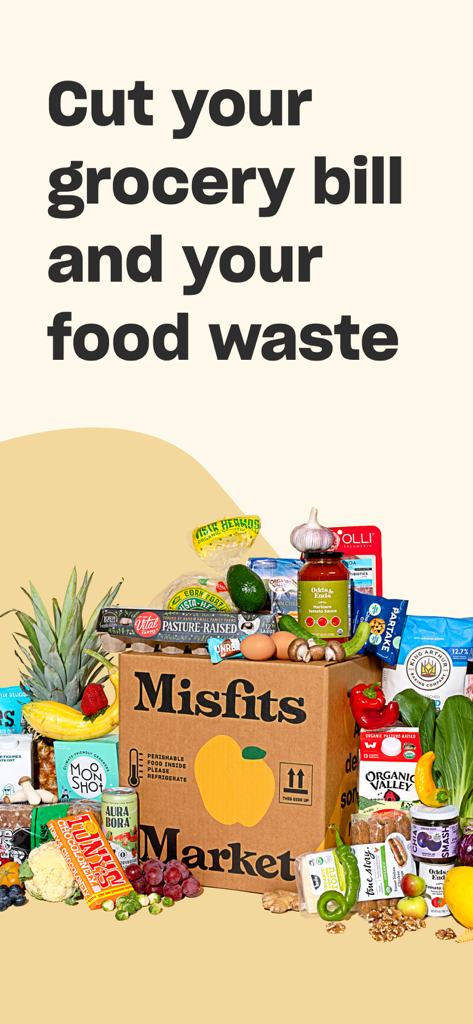 Misfits Market Grocery App - Eine Misfits Market Lieferbox voller frischem Obst und Gemüse unter der Überschrift Reduzieren Sie Ihre Lebensmittelrechnung und Ihre Lebensmittelverschwendung.
