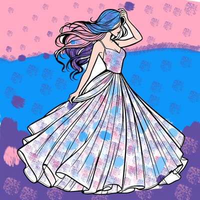 realistic woman with dress flowing in the wind